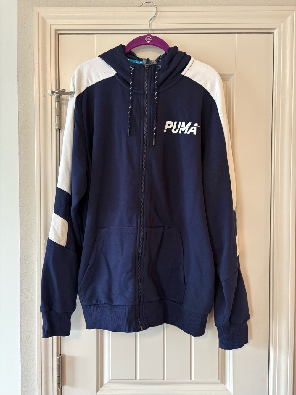 Puma Navy and White Full‑Zip Hooded Puffer Jacket for Kids
